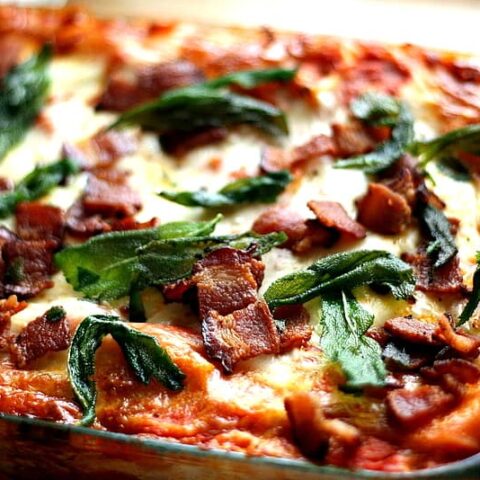 Roasted Butternut Squash Lasagna with Goat Cheese, Bacon, & Fried Sage