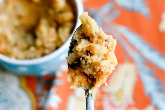 Mashed Root Vegetables with Bacon Vinaigrette - www.PerrysPlate.com