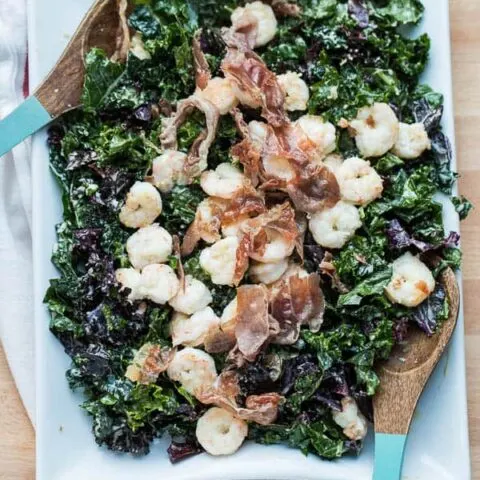 Kale Caesar Salad with Garlic Shrimp and Crispy Prosciutto