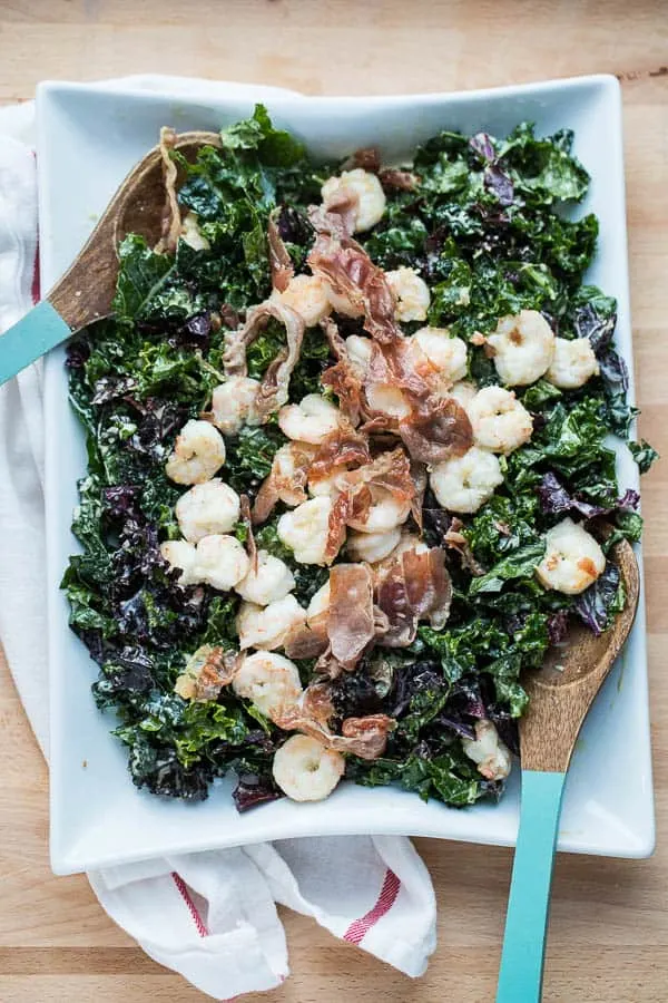 Kale Caesar Salad with Garlic Shrimp & Prosciutto | Whole30 recipes | paleo recipes | healthy caesar salad | perrysplate.com