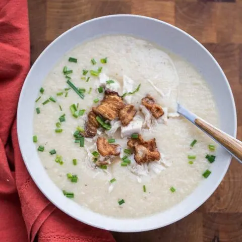 Bacon-Roasted Chicken & Cauliflower Soup