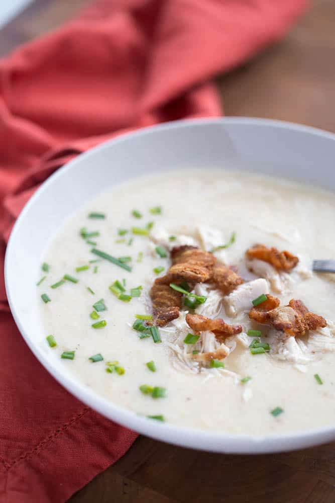 Bacon Roasted Chicken & Cauliflower Soup | paleo recipes | Whole30 recipes | soup recipes | perrysplate.com