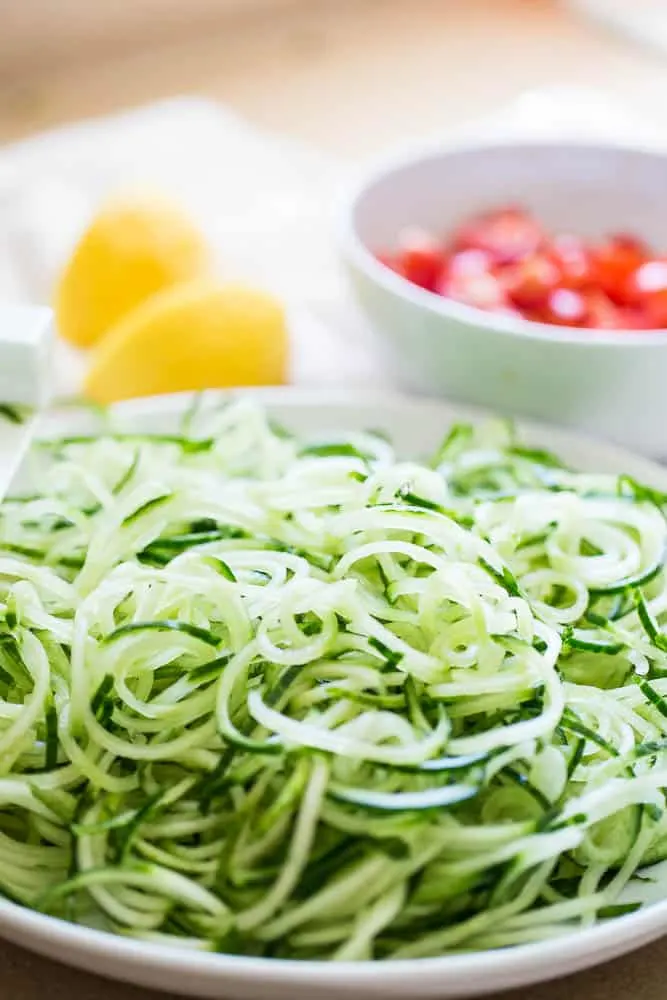 Creamy Greek Shrimp with Cucumber Noodles | Whole30 recipes | keto recipes | paleo recipes | gluten-free recipes | perrysplate.com