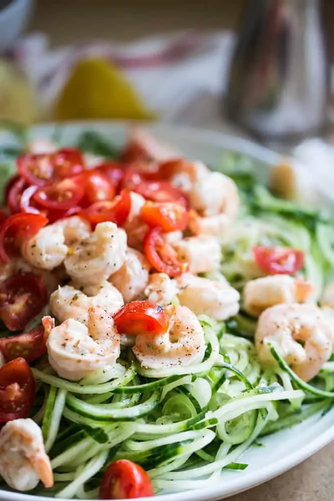 Creamy Greek Shrimp with Cucumber Noodles | Whole30 recipes | keto recipes | paleo recipes | gluten-free recipes | perrysplate.com