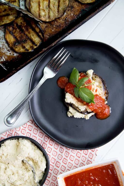 grilled eggplant stacks with basil chiffonade