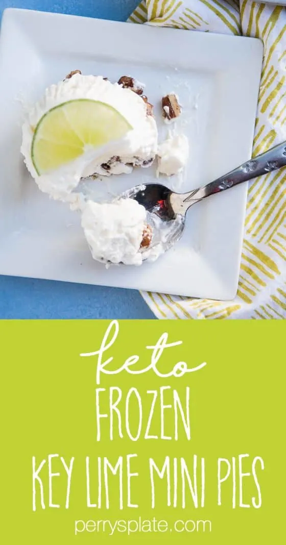 Keto Frozen Key Lime Mini Pies are so easy to make and they can hang out in the freezer and wait until you need them. I love the crumbly candied pecan crust on the bottom! You can make them dairy-free, too. | perrysplate.com 