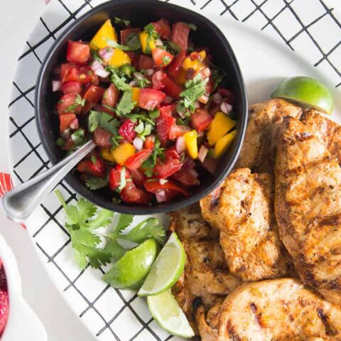 Chipotle-Lime Grilled Chicken with Strawberry Mango Salsa - Perry's Plate