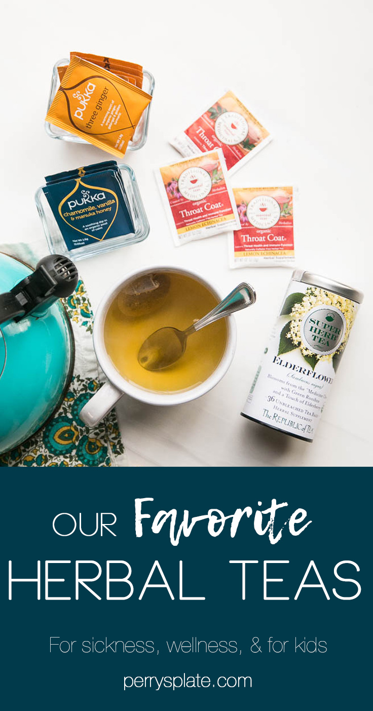 Our family LOVES herbal tea -- these are our favorites! It's a healthy alternative to hot chocolate in the winter and delicious iced during the summer. | perrysplate.com #herbaltea #wellnesstea 