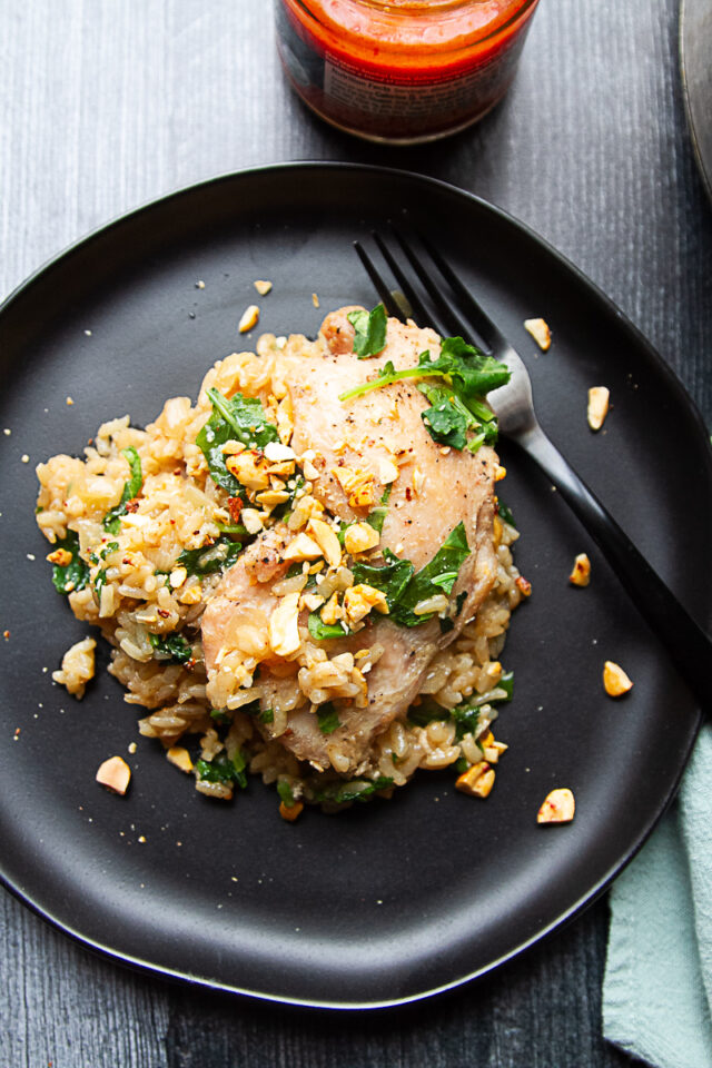 One Pan Coconut Chicken Thighs And Rice Stove Top Perry S Plate