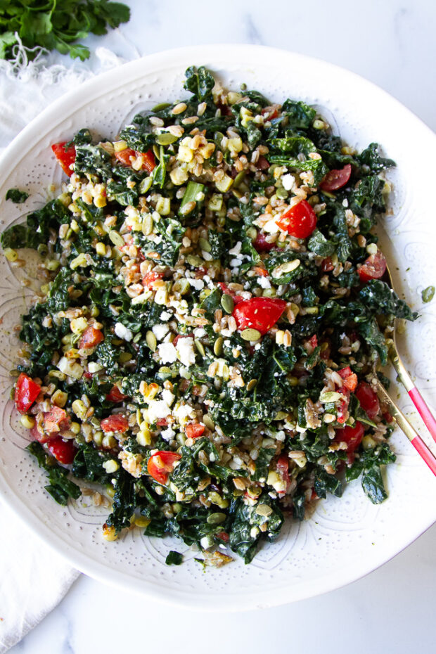 Farro Salad with Feta in a large white serving bowl.