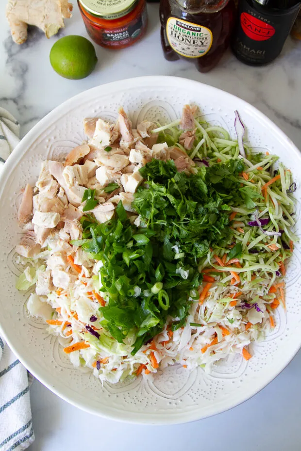 Vegetables and cooked chicken in a large salad bowl.