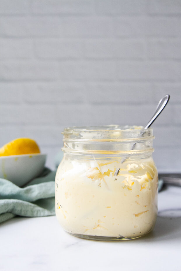 Mason jar with homemade mayonnaise.