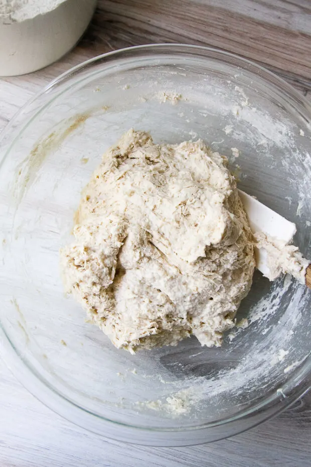 Dough ingredients mixed together into a shaggy, sticky ball. 