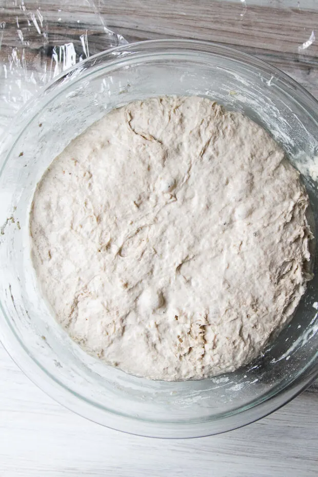 Rested dough that has bubbled. 