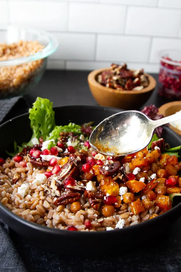 Balsamic vinaigrette drizzled over an assembled grain bowl. 