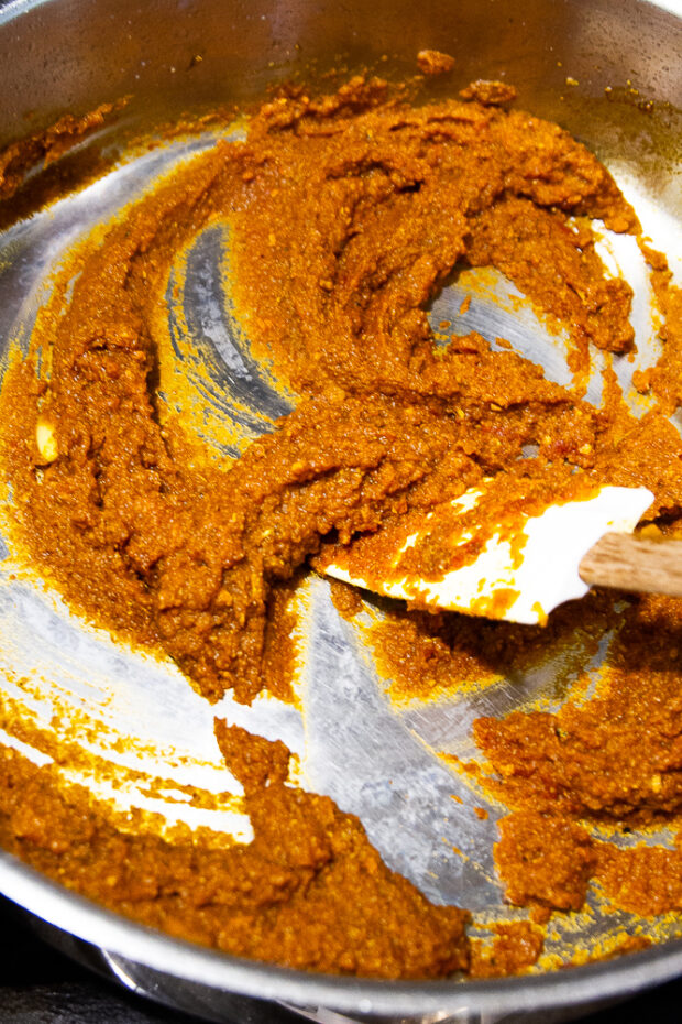 Tomato paste and pumpkin puree has been added to form a richly spiced paste.