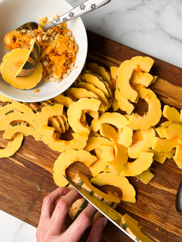 Another shot of the sliced squash on the cutting board. 