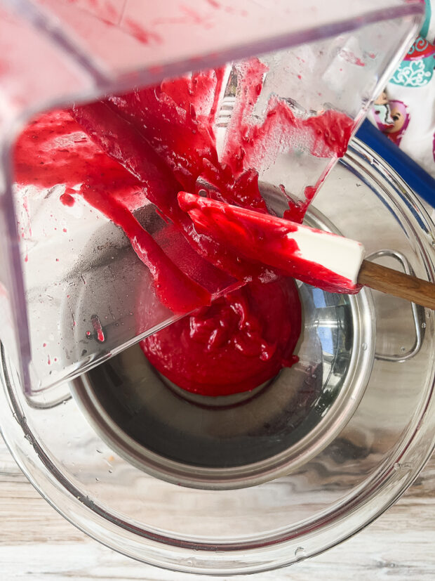 Cooked cranberries blended until smooth and transferred to a double broiler.