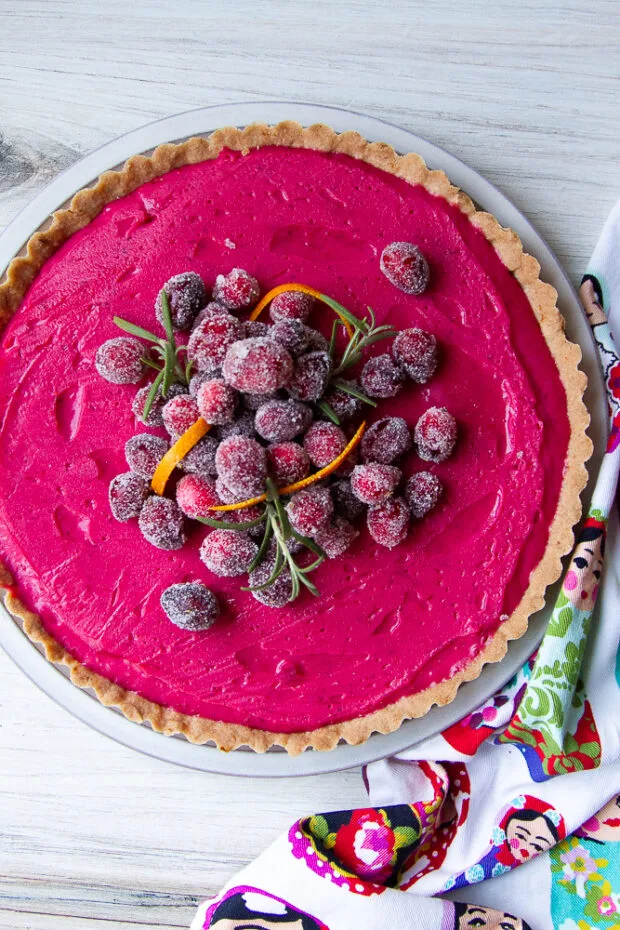 Another overhead shot of the finished, garnished cranberry tart.