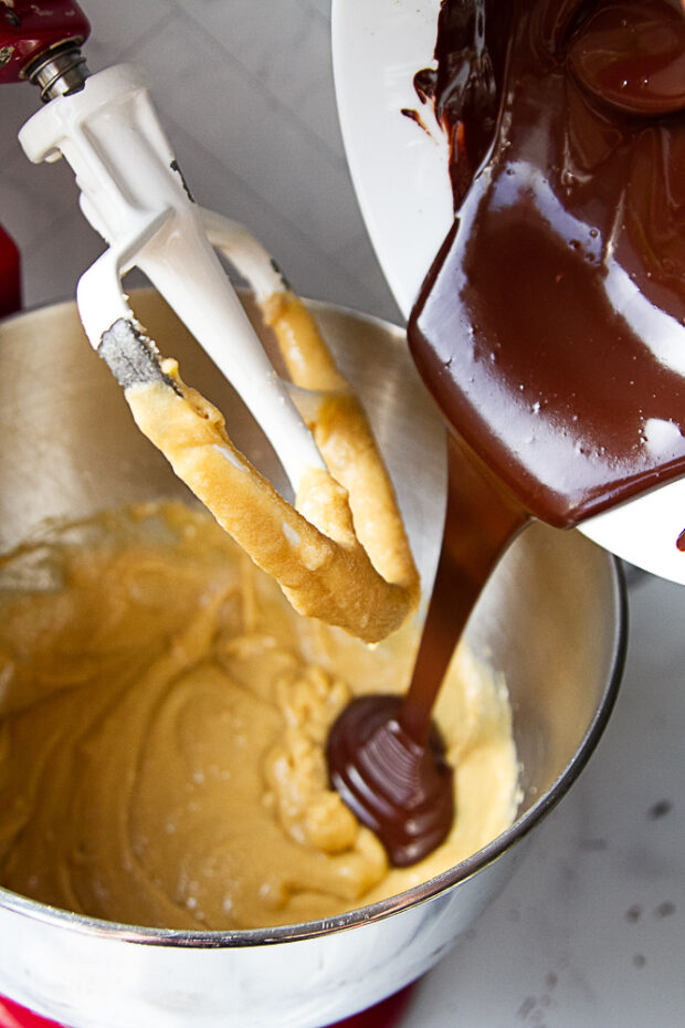 Melted chocolate poured into the cookie batter.