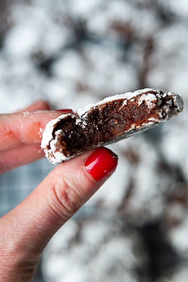 Shot of a bitten cookie showing the fudgy interior. 